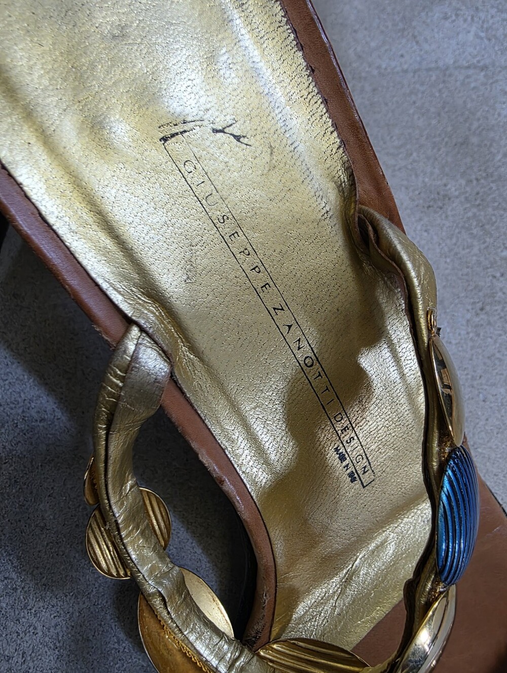 Vtg Vicini Giuseppe Zanotti Metallic Gold Blue Square Toe Bejeweled 38.5 Y2K 00s - Picture 4 of 16